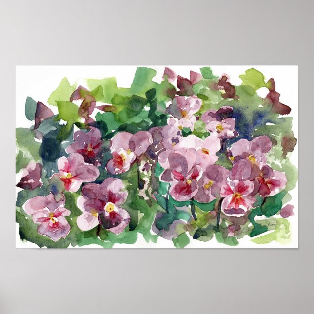 Poster Jardim de Flores de Pensée Burgundy Vermelho Aquar (Frente)