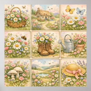 Poster Jardim de Flores Silvestres Patchwork Cottagecore
