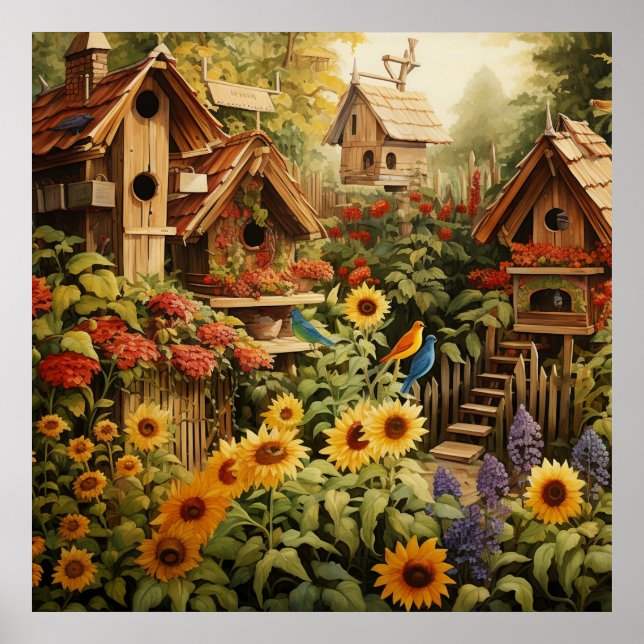 Poster Jardim de Girassol 13 Casas de Aves Azuis (Frente)