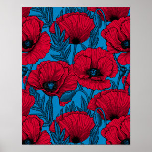 Poster Jardim de papoila vermelho em azul