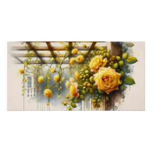 Pôster Jardim de Rosas Amarelas em Aquarela