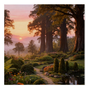 Pôster Jardim Encantado ao Amanhecer Majestosas Árvores