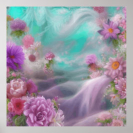 Poster Jardim Fantástico Com Flores E Cascata Rosa