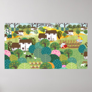 Poster Jardim, fazendas, natureza e campo. Vintage illu