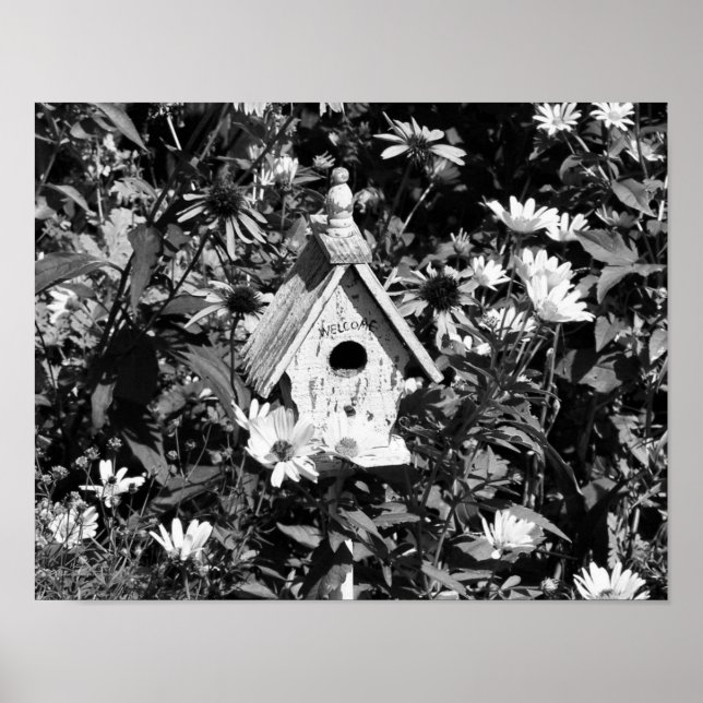 Poster Jardim Flor Casa de Pássaros Preto e Branco (Frente)