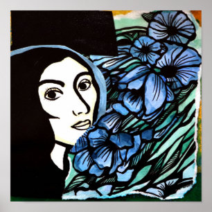 Poster Jardim Flor de Colagem de Flores Azuis