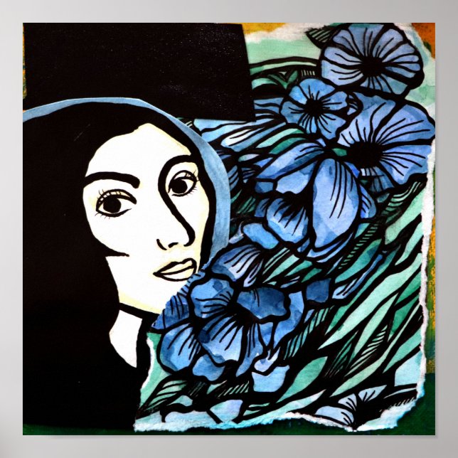 Poster Jardim Flor de Colagem de Flores Azuis (Frente)