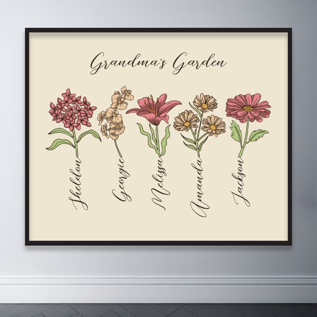Poster Jardim Flor de Vovó 5 Netos Nome Floral (grandma flower garden grandkids name floral poster)