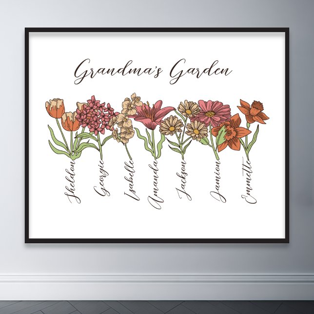 Poster Jardim Flor de Vovó 7 Netos Nome Floral (grandma flower garden grandkids name floral poster)