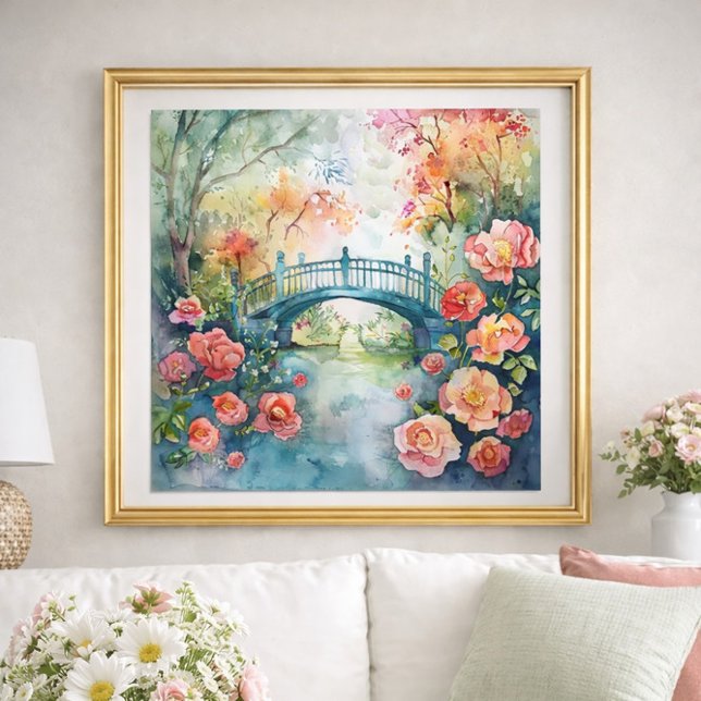 Poster Jardim Floral da Ponte em Aquarela  (Watercolor bridge and flowers wall art)