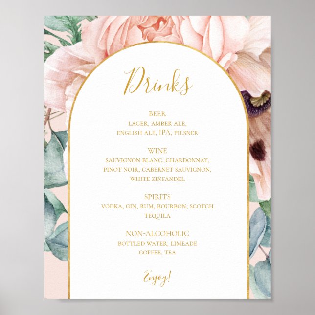 Poster Jardim Floral Elegante | Menu Bebidas Pastel Casad (Frente)