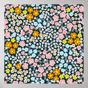 Poster Jardim florescente com rosas e flores silvestres. 