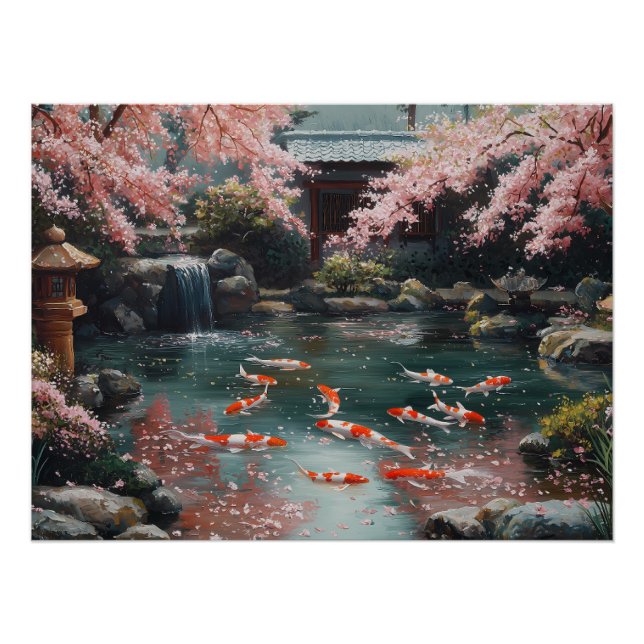 Pôster Jardim Japonês com Koi e Cherry Blossoms (Frente)