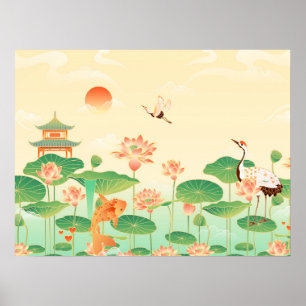 Poster Jardim Japonês Koi Pond e Waterlily Art
