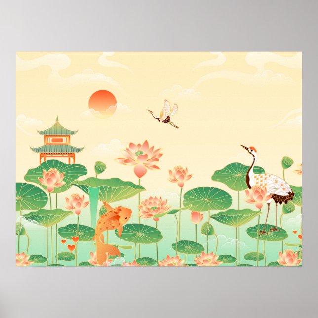 Poster Jardim Japonês Koi Pond e Waterlily Art (Frente)