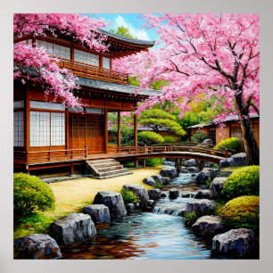 Poster Jardim Japonês Tradicional Com Flor de Cerejeira