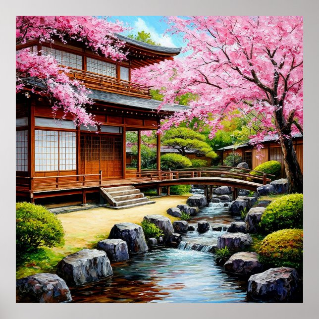 Poster Jardim Japonês Tradicional Com Flor de Cerejeira (Frente)
