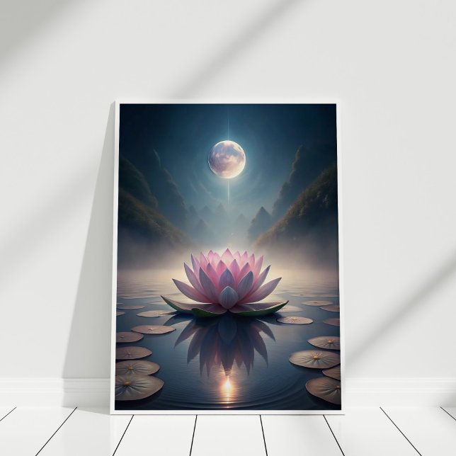 Poster Jardim Lótus Moonlit - Reflexão Lunar Tranquil (Moonlit Lotus Garden – Tranquil Lunar Reflection Poster in a white wooden frame)