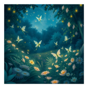 Pôster Jardim noturno com flores e vagalumes