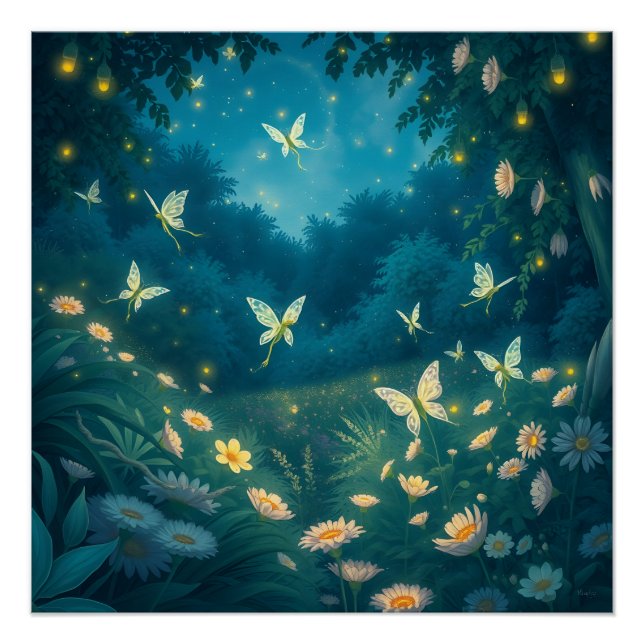 Pôster Jardim noturno com flores e vagalumes (Frente)