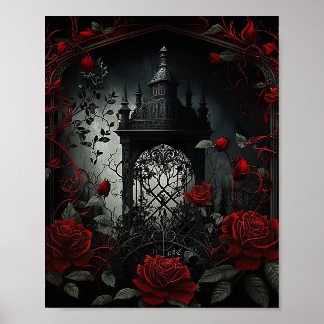Poster Jardim Rosa do Cemitério Gótico com Vermelho e Pre (Frente)