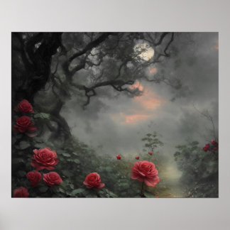 Poster Jardim rosa selvagem - Lua cheio de floresta escur