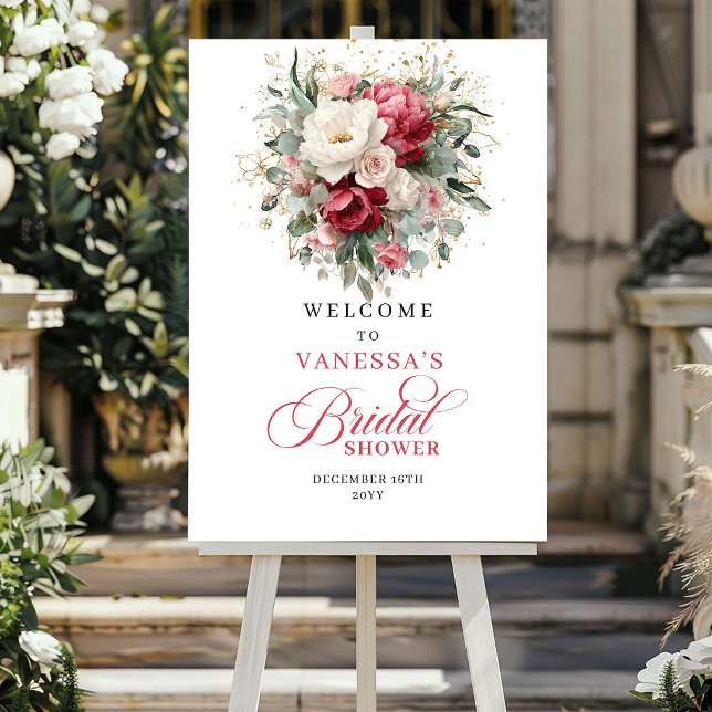 Poster Jardim Rubor Borgonha Verde Bem-vindo Show de Noiv (Garden Blush Burgundy Greenery Welcome Bridal Shower)