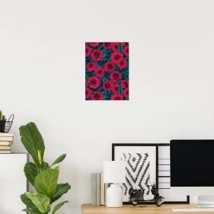 Poster Jardim Vermelho Dahlia/folhas azuis