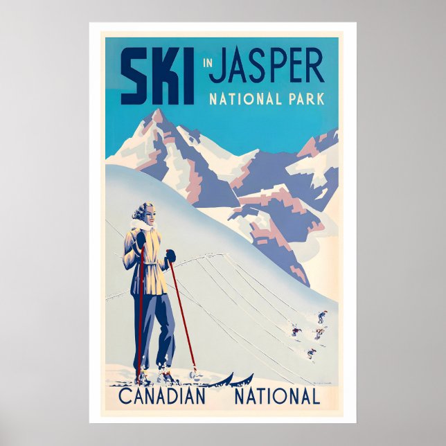 Poster Jasper National Park Canada Woman Skiing Vintage (Frente)