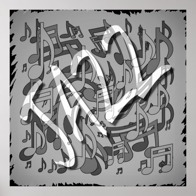Poster Jazz Music Patterling Dancing Swirling Notes BW (Frente)