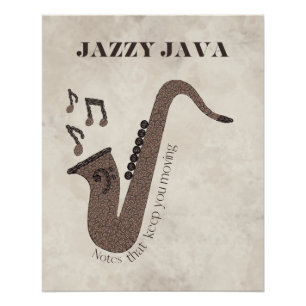 Pôster Jazzy Java-Grãos de Café-Saxofone-