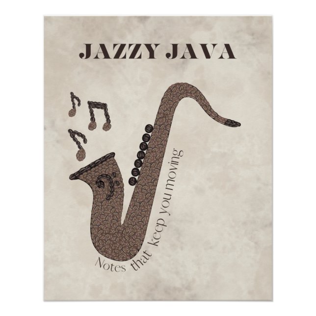 Pôster Jazzy Java-Grãos de Café-Saxofone- (Frente)