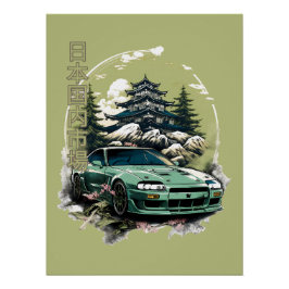 Pôster JDM car with Japanese landscape on background