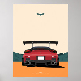 Poster JDM Red RX-7 Rear View Racing Car Illustration Art