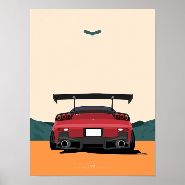 Poster JDM Red RX-7 Rear View Racing Car Illustration Art (Frente)