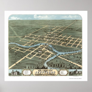 Pôster Jefferson, mapa panorâmico dos WI - 1870