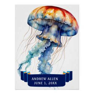 Pôster JELLYFISH COLORIDO DE ÁGUA COM NOME Aniversário