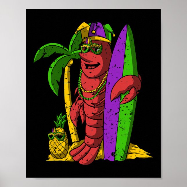 Poster Jester Crawfish Surfer Mardi Gras Surfing Carnival (Frente)