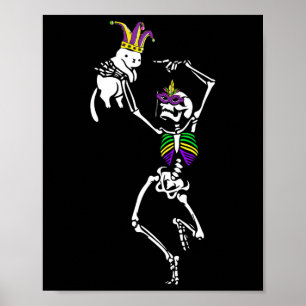 Poster Jester Skeleton Dançando Cat Mardi Gras Mask Carni