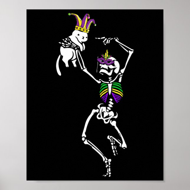 Poster Jester Skeleton Dançando Cat Mardi Gras Mask Carni (Frente)