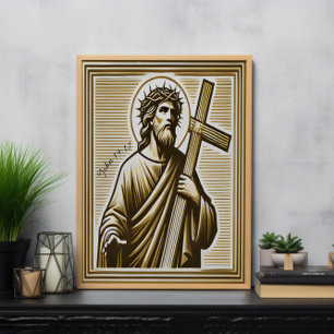Poster Jesus Abraçando a Cruz Dourada com Compaixão