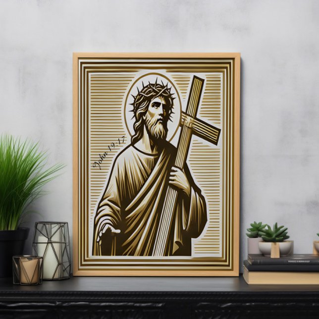 Poster Jesus Abraçando a Cruz Dourada com Compaixão (Criador carregado)