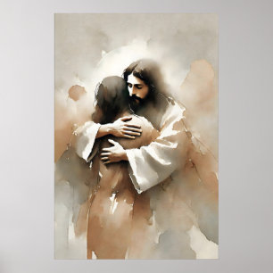 Poster Jesus Abraçando uma Mulher Aquarela Inspiradora