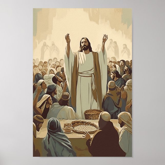 Poster Jesus alimenta a Bíblia 5000 Cristo versa história (Frente)
