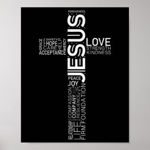 Poster Jesus Ama Branco Na Design da Cruz Cristã Negra