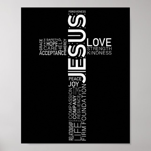 Poster Jesus Ama Branco Na Design da Cruz Cristã Negra (Frente)