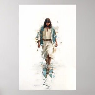 Poster Jesus Anda Sobre a Água Aquarela Arte Cristã para