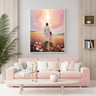 Poster Jesus andando com a criança num campo de flores