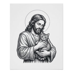 Pôster Jesus Antigo Segurando Gato Gravura Gráfico_1
