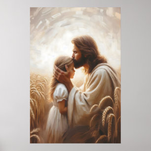 Poster Jesus Beijando Menina Jesus e Criança Pintura Cris
